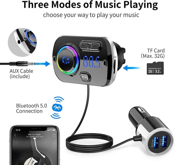 Trådløs FM-sender for bilen, Bluetooth 5.0 - Svart