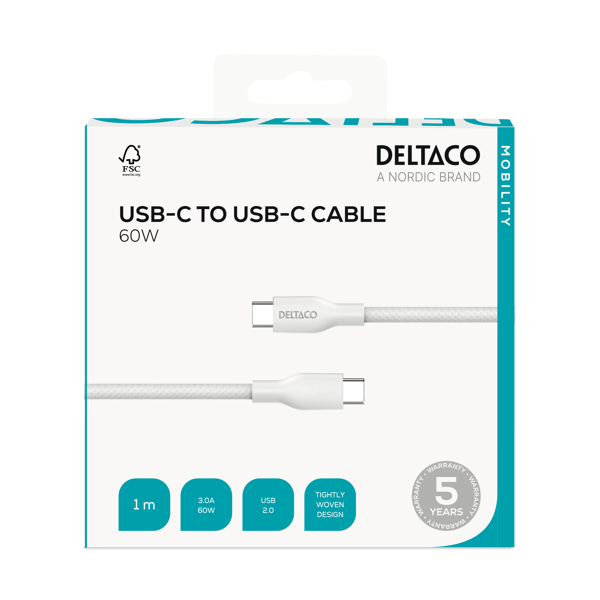 USB-C - C, 1m, USB 2.0, white braided, SPR 3A/60W