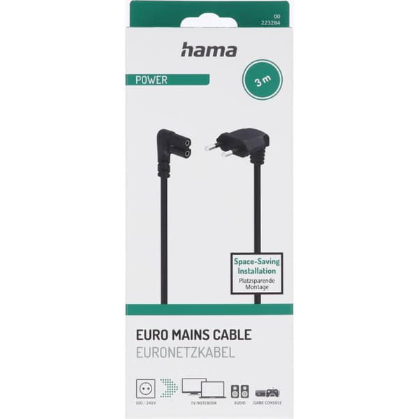 Strømkabel vinklet Euro Plug Sort 3.0m