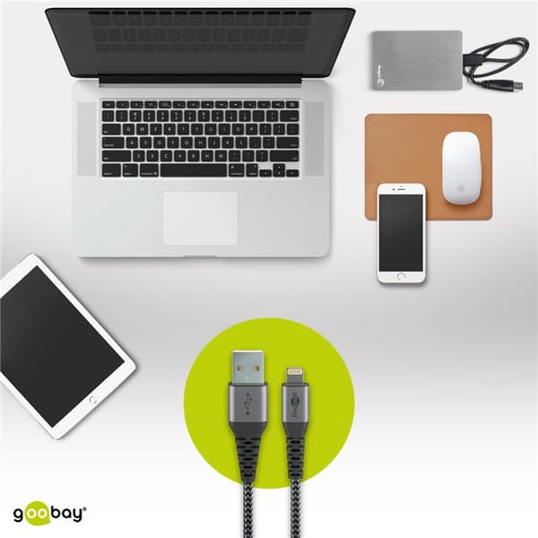 Lightning-USB-A textilkabel med metallkontakter, 2 m
