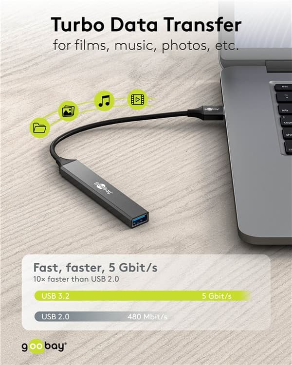 Slim 4-ports USB-hub, USB-A til USB-A, 5 Gbit/s