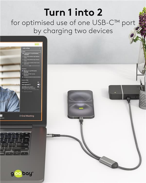 USB-C™-tekstiilikaapeli, 60 W, virransyöttö, 1,5 m, musta;harmaa