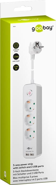 Strømskinne med bryter og USB, 3 uttak