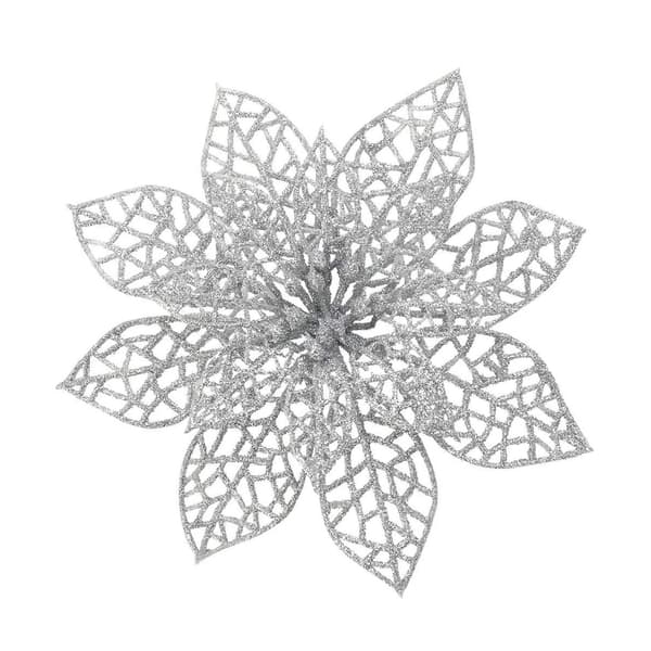 Glitter juleblomster plast sølv 10 dele