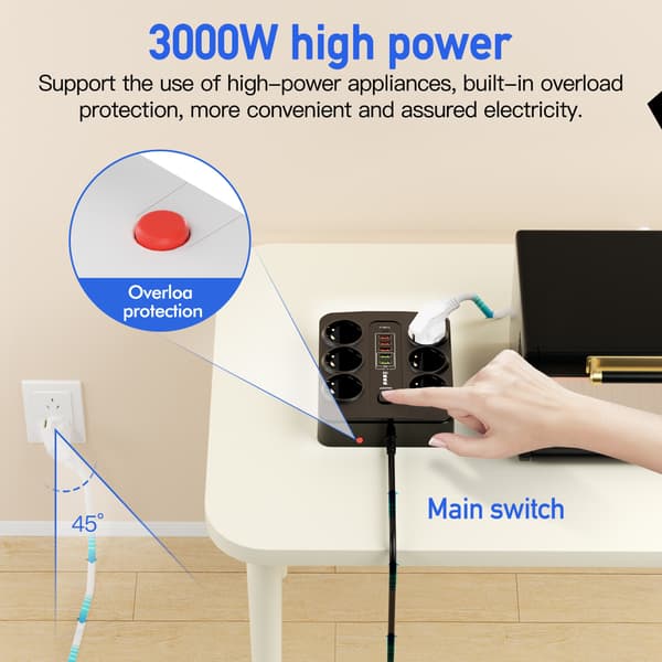 EU 6-stik, 5 USB-porte, 1 USB-C-port Black