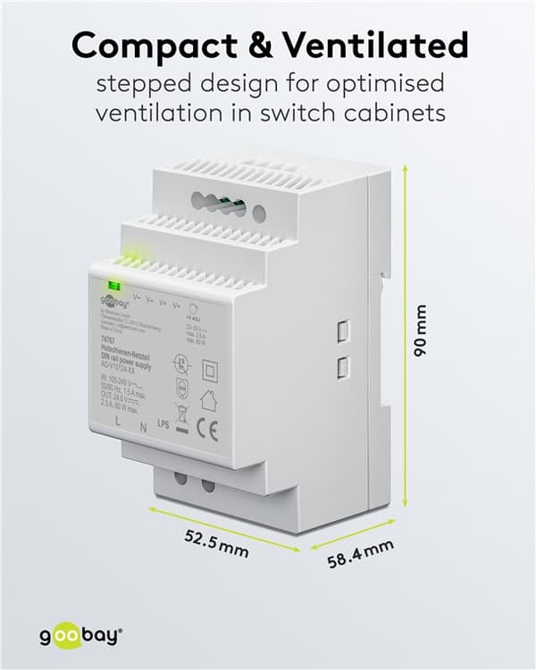 DIN-kiskoon asennettava virtalähde 24 V (DC), 2,5 A, 60 W