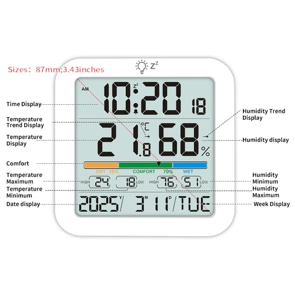 Stort LCD digitalt termometer hygrometer klokke