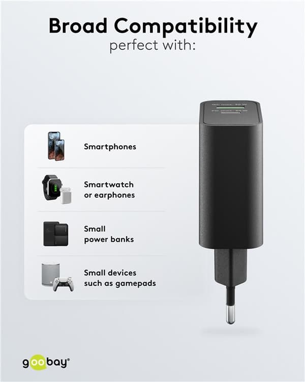 USB-C™ PD GaN dobbelt hurtigoplader (30 W) sort
