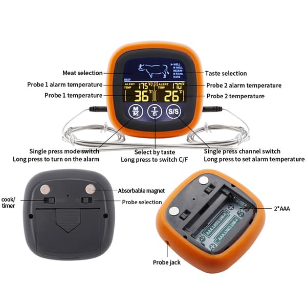 Dual Probe Digitalt Fødevaretermometer Touchscreen Kødtermometer