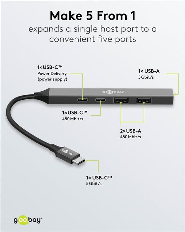 Slank USB-hub med 5 porter, USB-C™ til USB-C™/USB-A, 5 Gbit/s