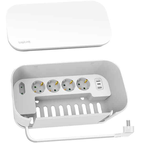 Kabelboks - Kabelskjuler med grenuttak + USB-A/USB-C lading Hvit