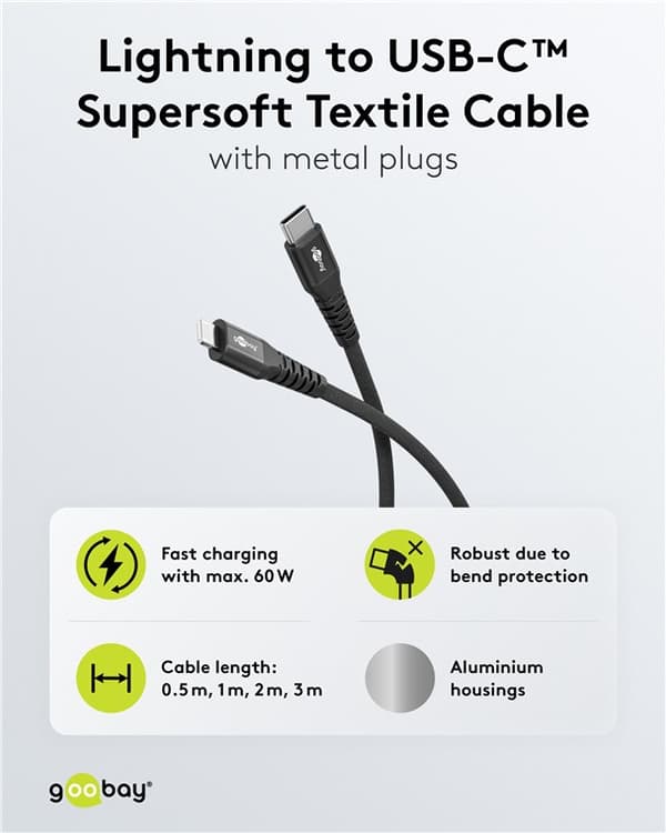 Lightning USB-C™ superblødt tekstilkabel med metalstik, 2 m, sort