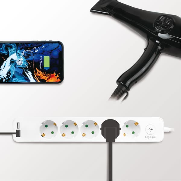Strømskinne 5-vejs + 2 USB med afbryder 1,5m Hvid
