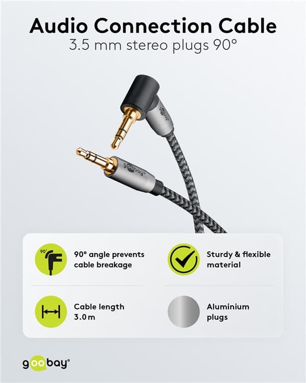 Audiotilslutningskabel AUX, 3,5 mm stereo, 90°, 3 m