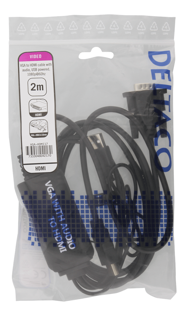VGA & Audio, HDMI cable, USB powered, 2m, black
