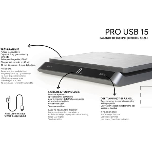 Köksvåg PRO USB-C 15kg Rostfritt IP67