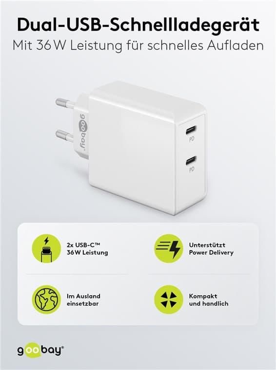 Dobbel USB-C™ PD hurtiglader (36 W) hvit