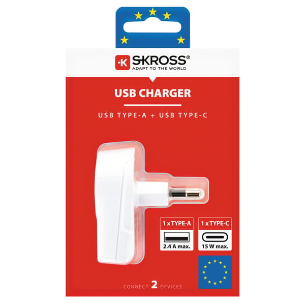 Euro USB Charger - 1xUSB Type C / 1xUSB Type A