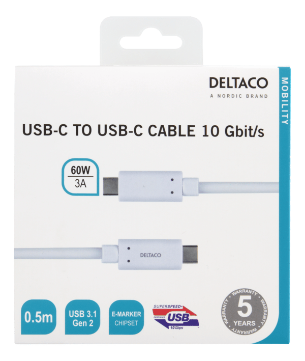 USB-C to USB-C cable, 0.5m, 60W USB PD, 10 Gbps, white
