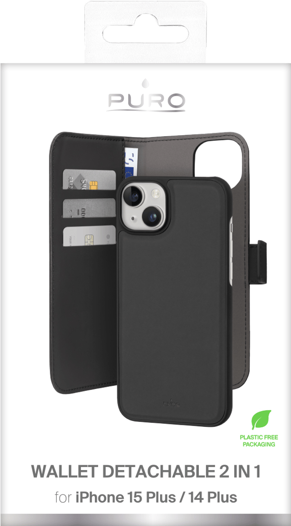 iPhone 15 Plus eco-leather detachable wallet case, black