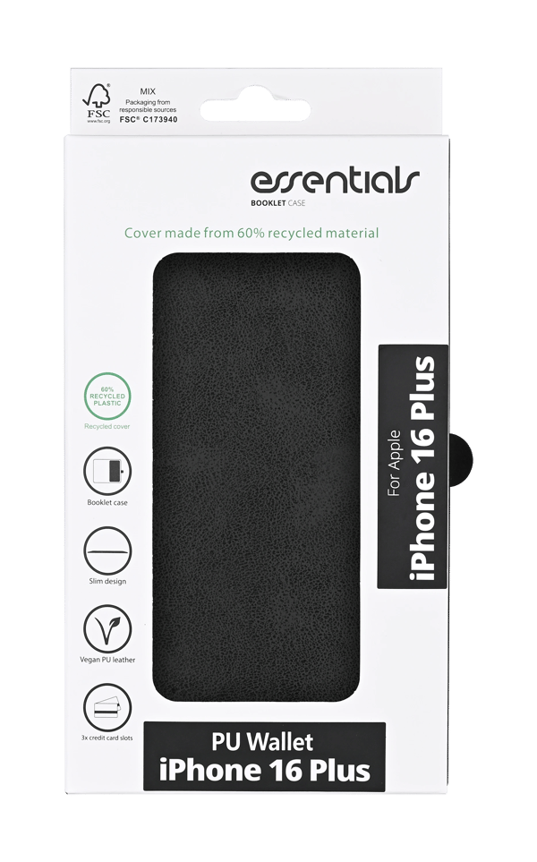 iPhone 16 Plus PU wallet, recycled, 3 cards, black