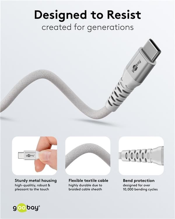 USB-C™ supersoft textilkabel med metallkontakter, 3 m, vit