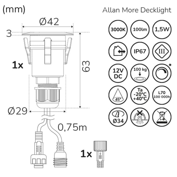 Allan More Decklight 1-pack 12V 3000K 100lm IP67