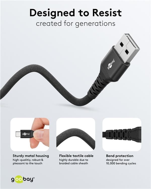 USB-C™ til USB-A superblødt tekstilkabel med metalstik, 1 m, sort