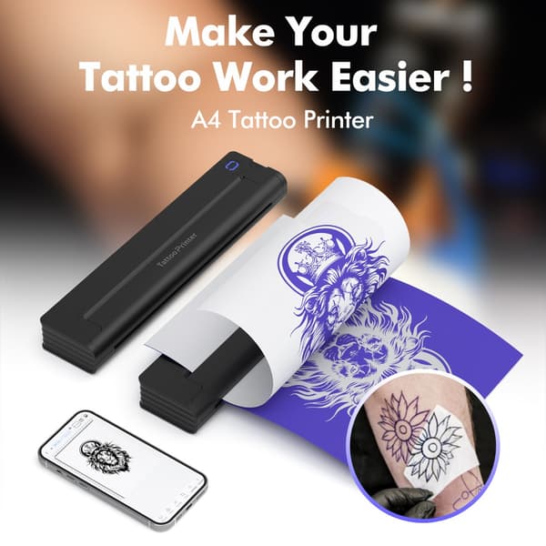 A46 tatoveringsskabelonprinter - Bluetooth bærbar termisk printer, sort, kompatibel med Android, iOS og Windows, understøtter 210mm/216mm papir