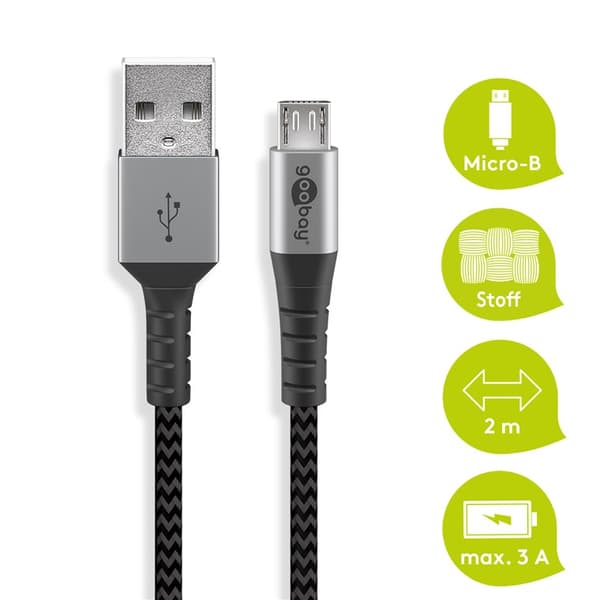 Mikro-USB til USB-A tekstilkabel med metallkontakter 2 m