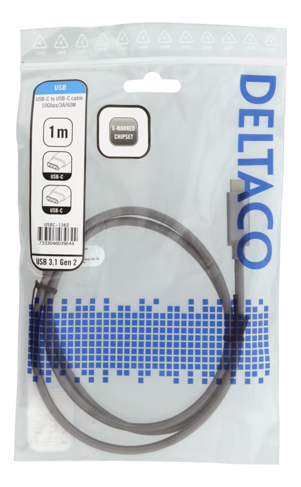 USB-C to USB-C cable, 1m, 60W USB PD, 10 Gbps, grey