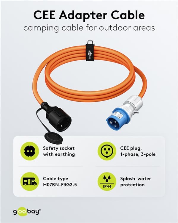 CEE-adapterkabel, CEE hann til stikkontakt med jord, 5 m