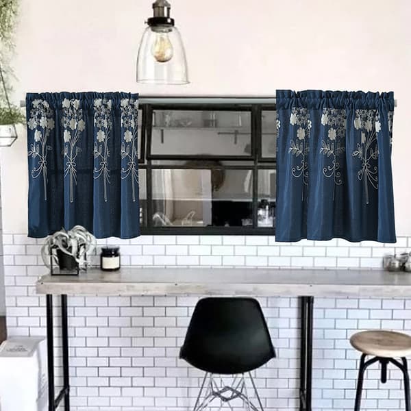 Marinblå Spetsbroderad Köksgardin - Elegant & Fräsch S
