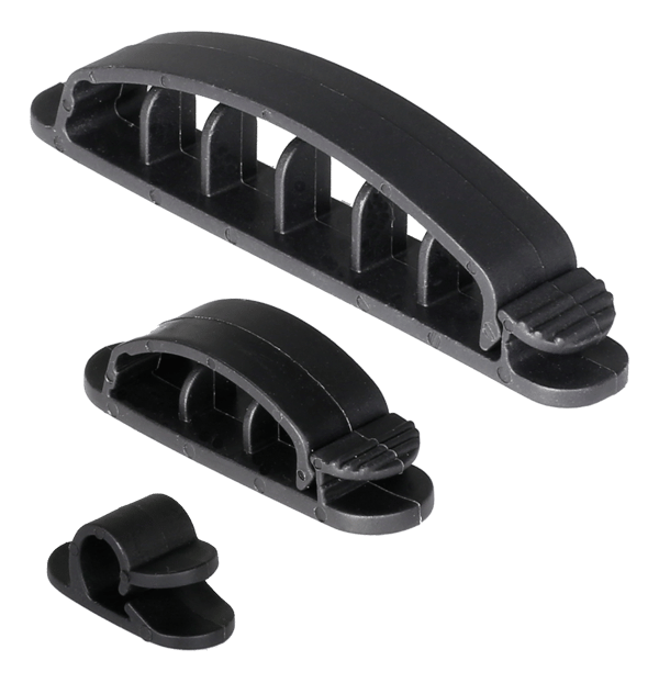 Adhesive cable clamps in plastic, 1/3/6 slots, 10-pack