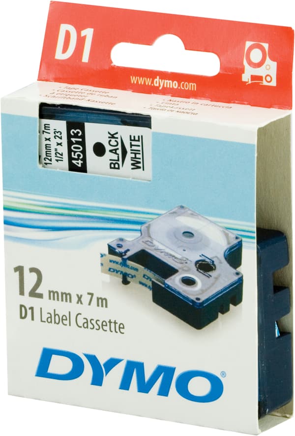 D1, label tape, 12 mm, black text on white tape, 7 m