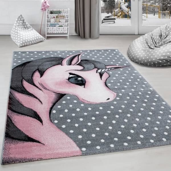Teppe - AYYILDIZ - Enhörning - Grå-Vit-Rosa - 120x170 cm - Barn - Rektangulär