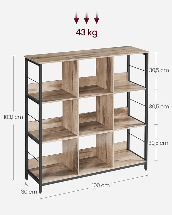 Bogreol - 9 rum - Træ og stål - Rustik brun og sort