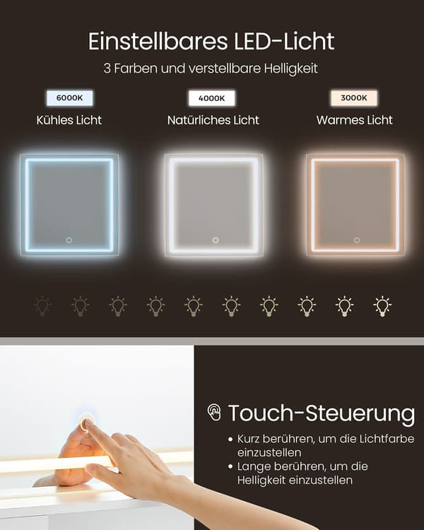 Sminkbord med LED-belysning - 90 cm brett - molnvitt