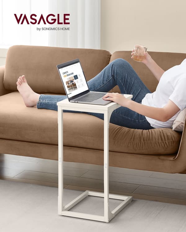C-formet sidebord - robust metalstel - cremehvid