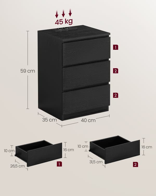Sivupöytä - 3 laatikkoa - moderni - musta