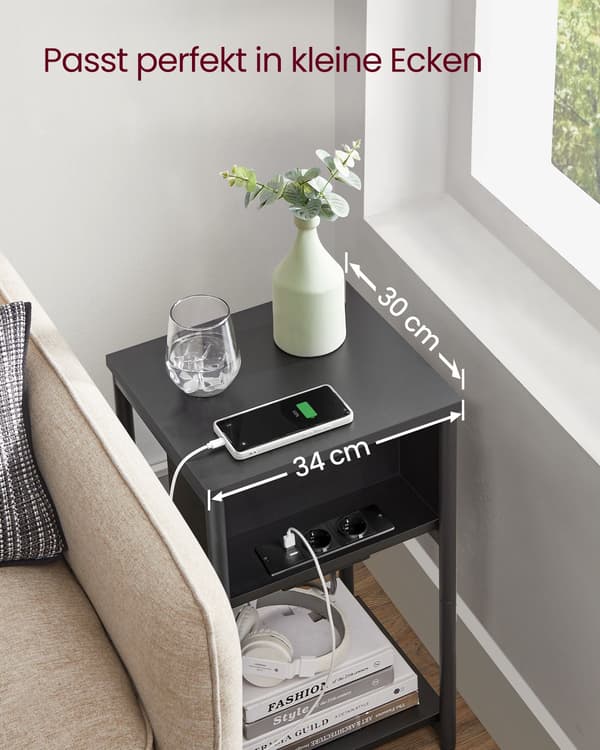 Sidebord med 2 USB-porte - Stilfuldt design - Sort