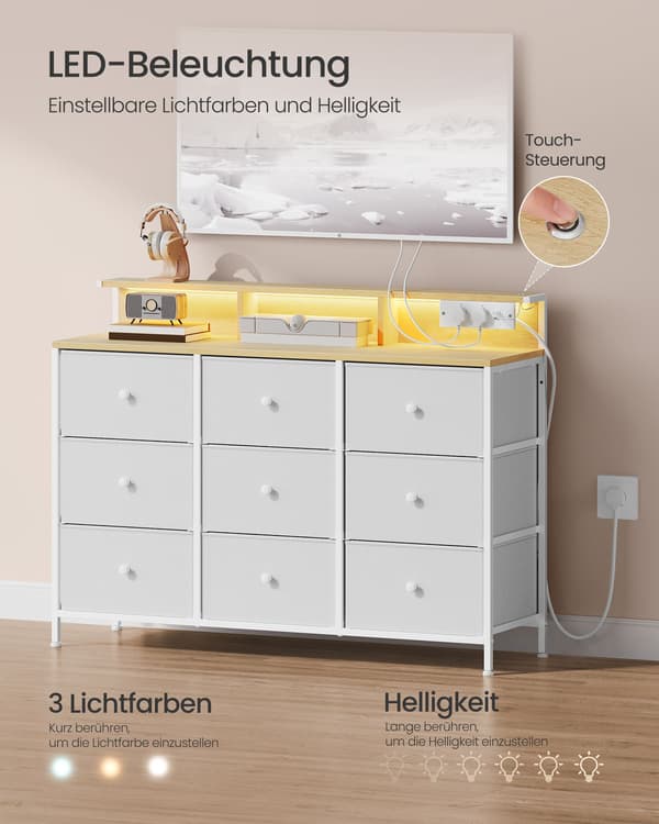 Byrå - 9 lådor med molnvit LED-belysning - molnvit