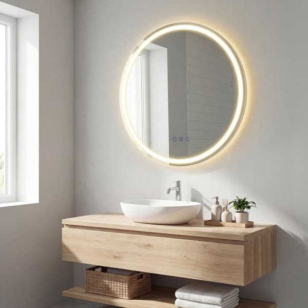 Rund badrumsspegel - Med LED-belysning - Dimbar - 61 cm - Vit