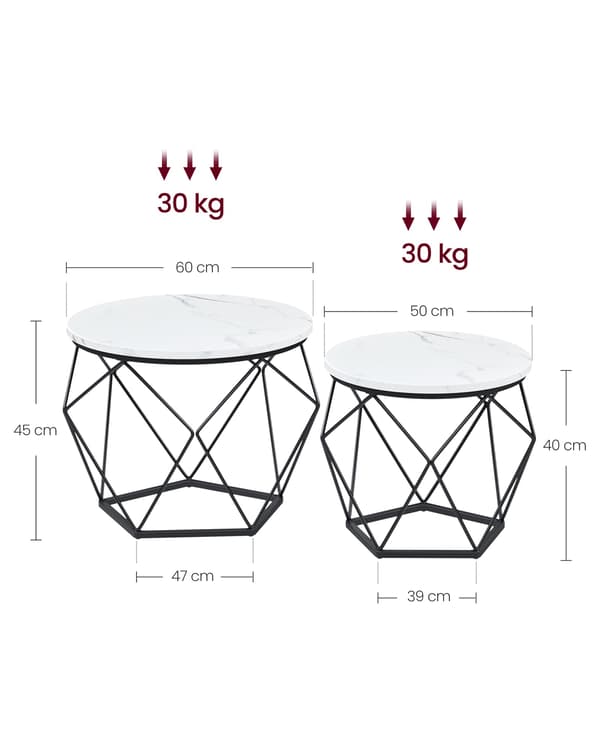 Runt soffbord set om 2 - modern design - vit bläcksvart marmor