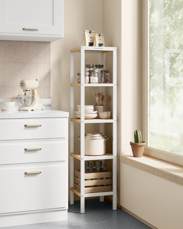 Badrumsställ i bambu - justerbart - molnvitt och naturbeige