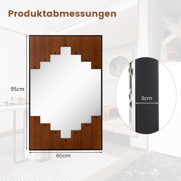 Rektangulär - spegel med träram rustik tvåvägskrok - 60 x 95 cm - Trä