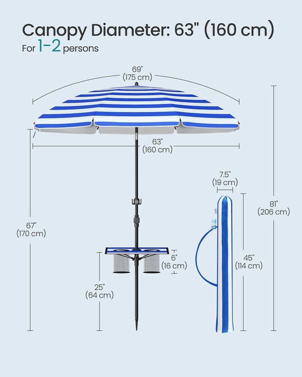 Parasol 160 cm - Justerbar og foldbar - Blå-hvid