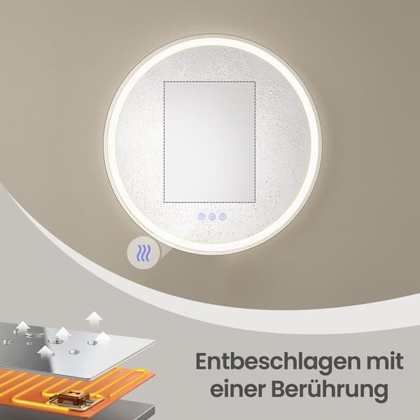Rund badrumsspegel - Med LED-belysning - Dimbar - 61 cm - Vit