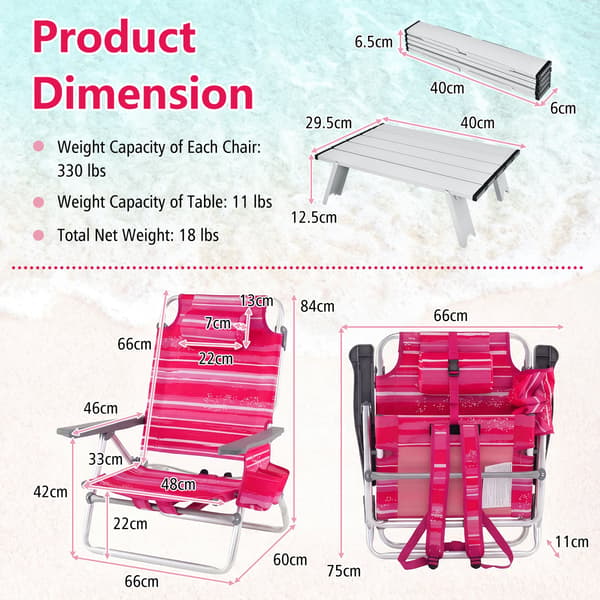 pack - strandstolar med bord, hopfällbara campingstolar justerbart ryggstöd - 2 - Rosa