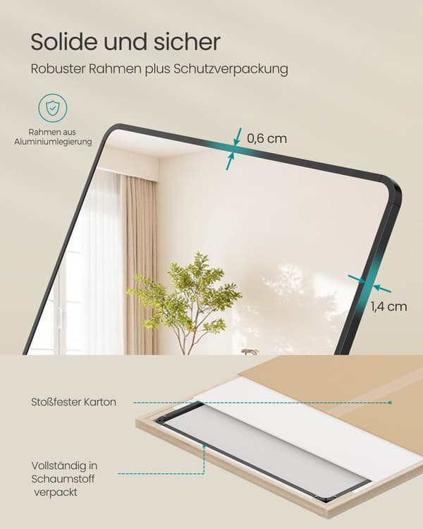 Rektangulär stående spegel - 165 x 60 cm - för sovrum, vardagsrum, garderob - bläcksvart